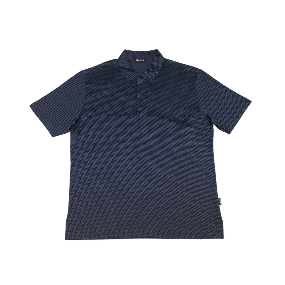 Bally Mens Navy Blue Wave Pattern Cotton Polo Shirt Made in Italy Size USA 44